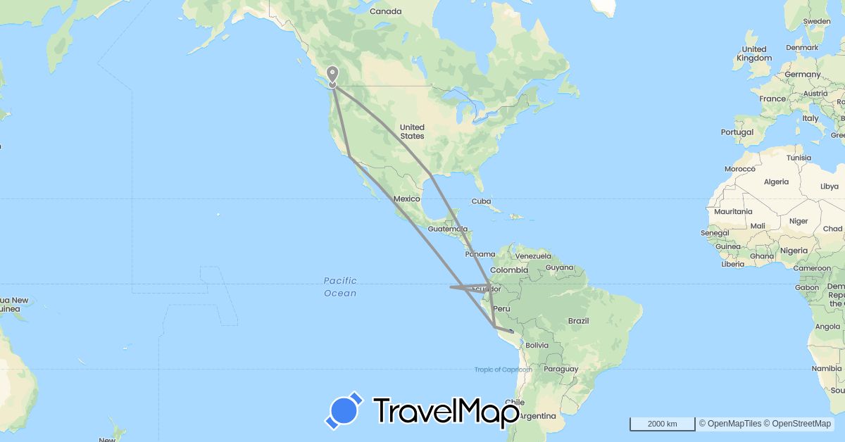 TravelMap itinerary: driving, plane in Canada, Ecuador, Peru, United States (North America, South America)
